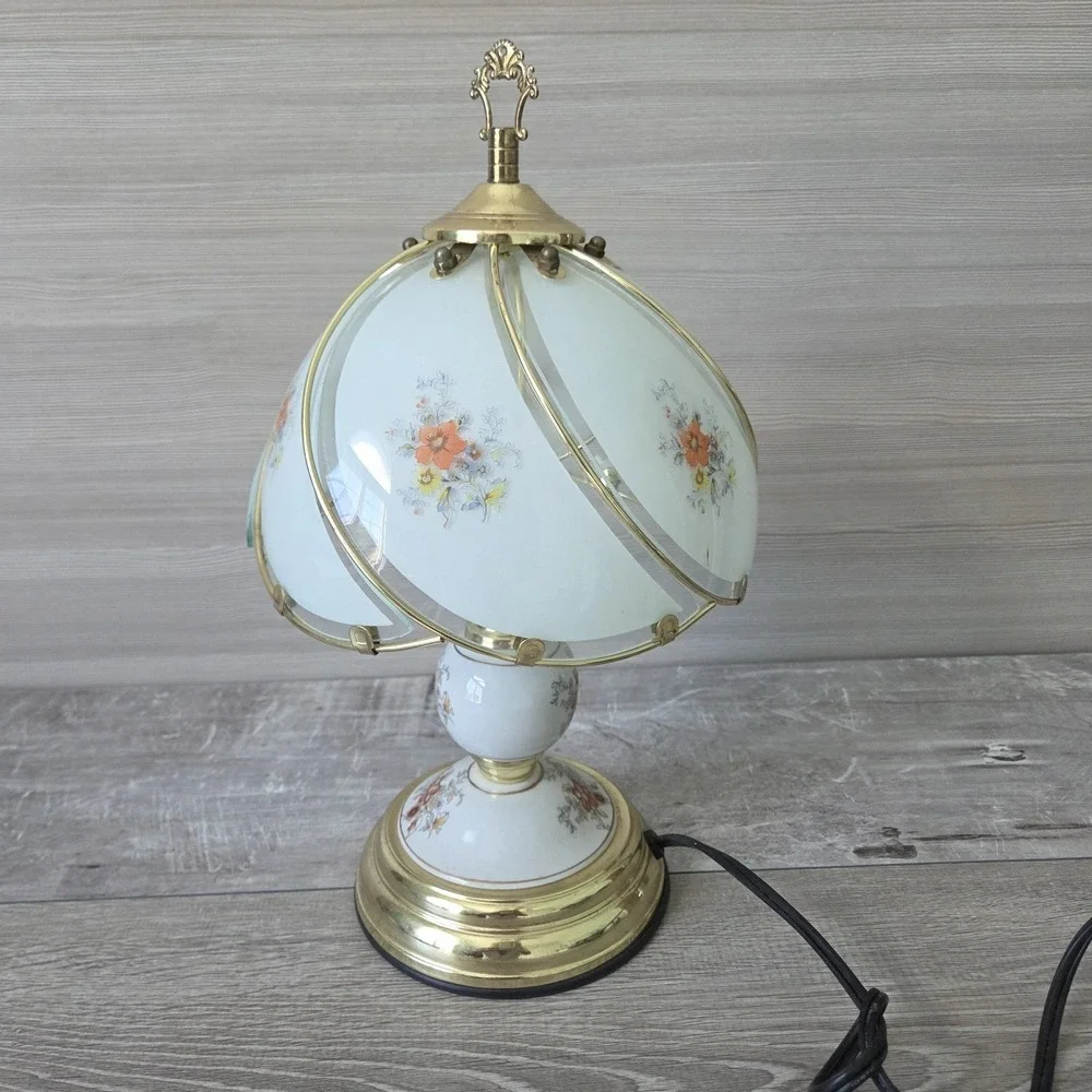 Vintage Golden Base and Floral Glass Paneled Shade 3 Way Touch Table Lamp 16